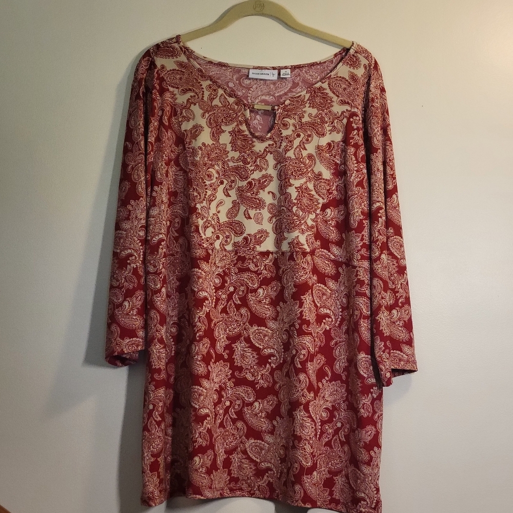 Susan Graver Liquid Knit Twin Print 3/4 Sleeve Top with Keyhole Neck 1X